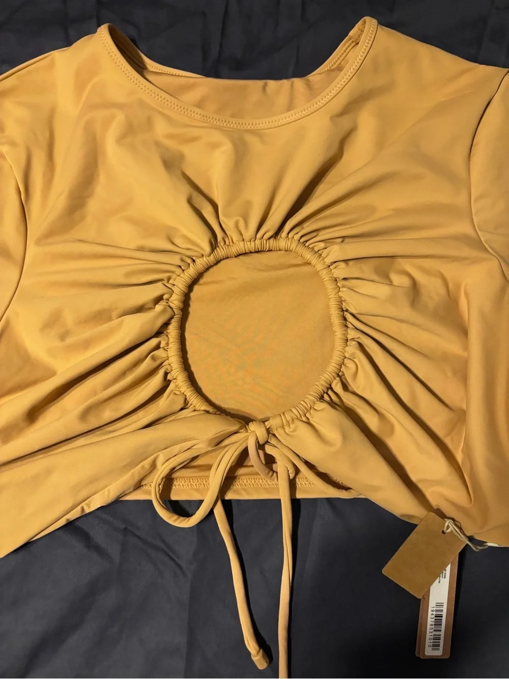 SKIMS SWIM RUCHED T-SHIRT and LOW RISE TIE BIKINI BOTTOM in Ochre